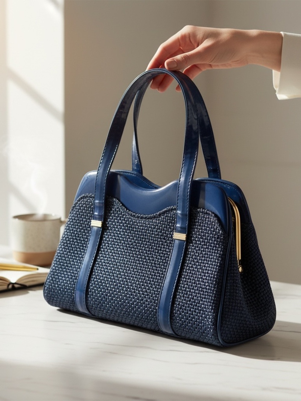 RARE Vintage Mid Century Navy Blue Woven Handbag Purse with Gold Accents